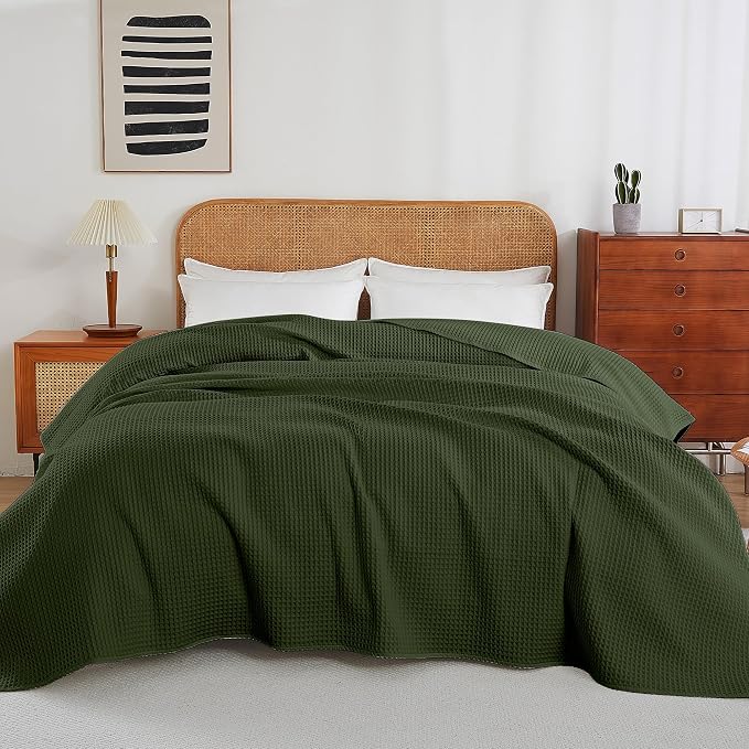 100% Egyptian Cotton Waffle Weave Throw Blanket for Bed Couch Sofa Home Decor, Soft Lightweight Bed & Couch Blanket for All Seasons (Olive Green - Full Size - 84 * 90")