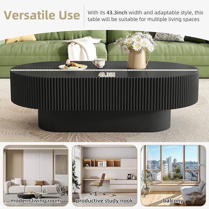 Merax Modern Oval Coffee Table with Sturdy Base, Wood Minimalist Fluted Center Tables for Living Room Reception Room, Easy Assemble,Black