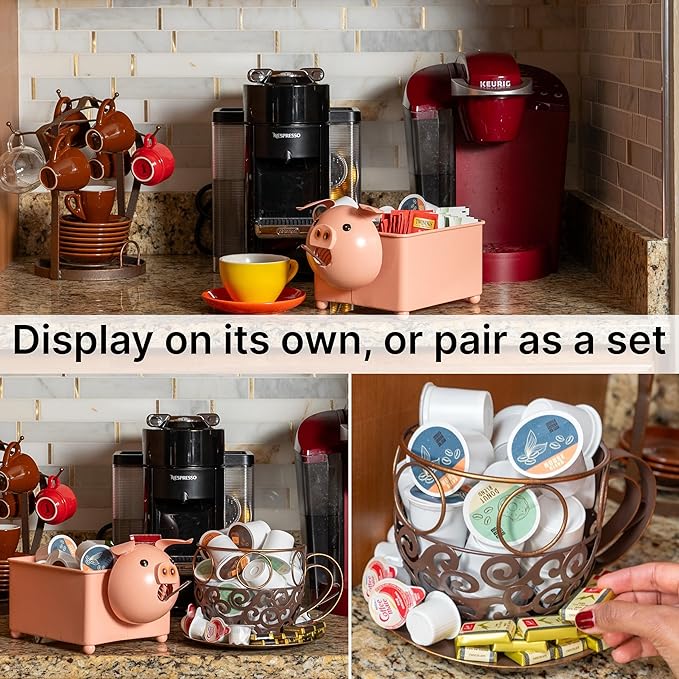 Made Easy Kit Coffee Pod Basket Organizer Practical Decoration - Compatible with Keurig K-Cup Pods & Capsules - Home Cafe Bar Decor Useful Kitchen Countertop Freestanding (Pig Square)