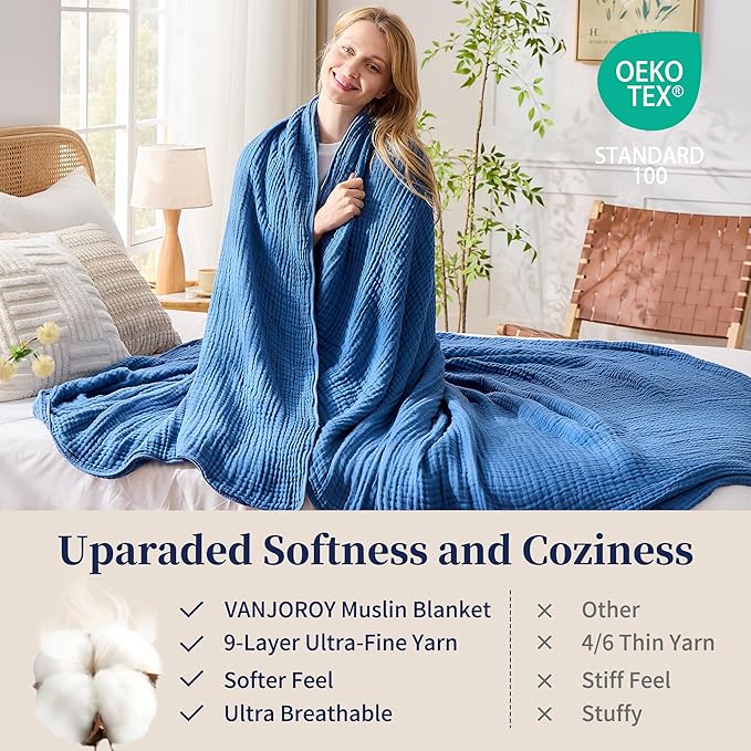 VANJOROY 9-Layer Muslin Throw Blanket Queen 90" x 90" Blue, 100% Cotton Organic Breathable Lightweight Large Throw for Couch Bed Quilt and Bedspread - All Season Muslin Soft Gauze Blanket