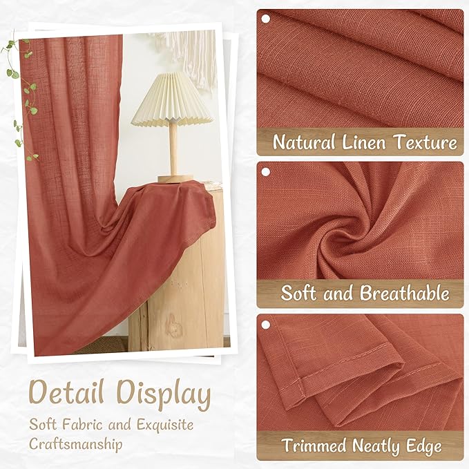LAMIT 90 Inch Long Sheer Linen Curtains 2 Panels for Living Room, Light Filtering Rustic Boho Panels Back Tab and Rod Pocket Fall Decor Drapes for Bedroom/Farmhouse, Terracotta, 52 x 90 Inch