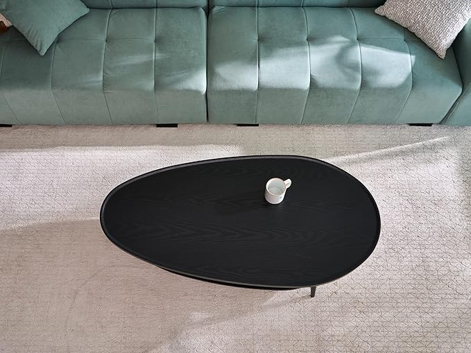 AGV Oval Coffee Table with Storage Shelf 47” Mid Century Modern Coffee Table,Black Wood Finish MDF Top with Black Metal Legs for Living Room,Office or Small Space