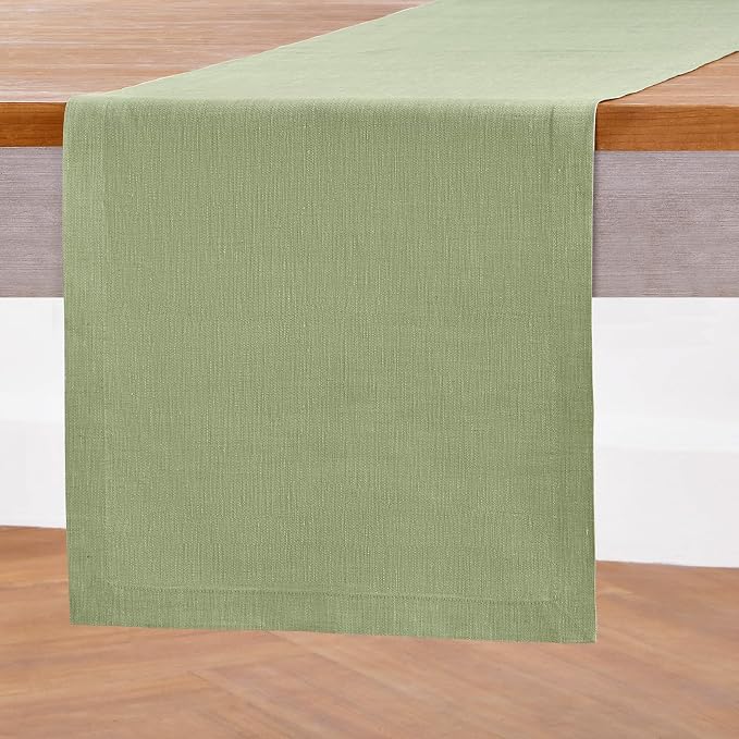 Solino Home Linen Small Table Runner 60 Inches - Athena, 100% Pure Linen Chambray Olive Table Runner 14 x 60 Inch Ideal for Dresser and Coffee Tables - Summer