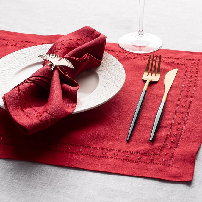 Linen Napkins Set of 4-100% Pure Linen Red Embroidered Dinner Napkins - Hemstitch Cloth Napkins Washable for Christmas and Winter Decor