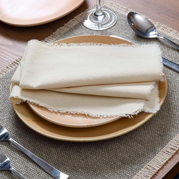 Ramanta Home Cloth Napkins Set of 12 Light Flax 18x18 Inch - Spring Soft & Durable Frayed Dinner Napkin for Easter Wedding, Birthday | Heavy Weight Fabric Table Linen for Everyday Use Family Dinners
