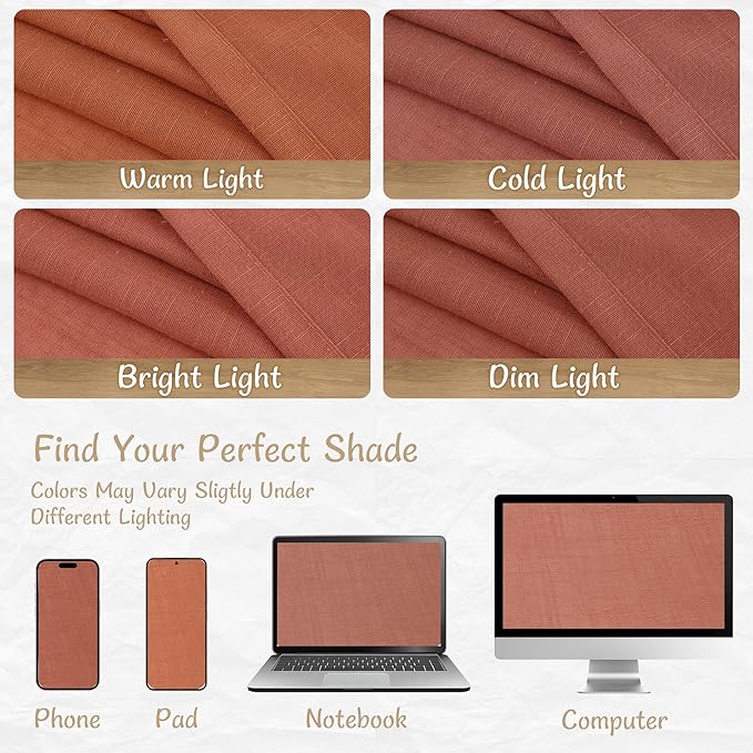 LAMIT Terracotta Linen Semi Sheer Curtains 96 Inches Long 2 Panels, Light Filtering Rustic Boho Panels Back Tab and Rod Pocket Floor to Ceiling Drapes for Living Room/Sliding Glass Door, 52 x 96 Inch