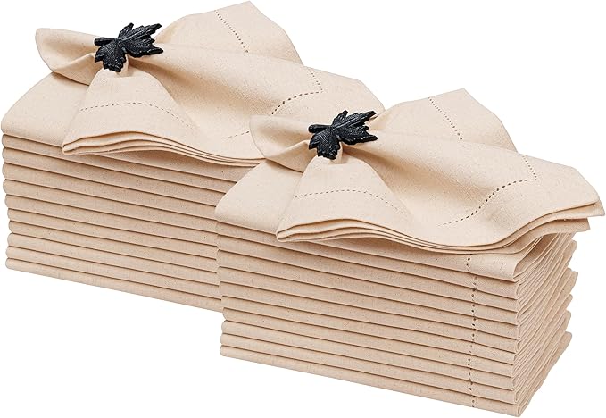 Linen Flax Cotton Cloth Dinner Napkins Set of 24-18x18 Natural Fabric with Hemstitched Mitered Corners - Machine Washable Wedding, Cocktail & Party Table Napkins - Natural