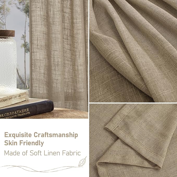 LAMIT Taupe Sheer Linen Curtains, 108 inch Light Filtering Semi Sheer Panels Back Tab and Rod Pocket Farmhouse Rust Drapes for Bedroom/Living Room, 2 Panels, 52 x 108 Inch