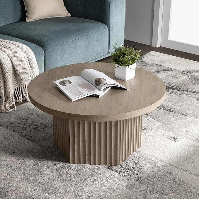 SICOTAS Round Coffee Table for Living Room, Modern Fluted Circle Center Coffee Table with Storage, 32" Accent Tea Dining Table for Apartment, Grey Alder