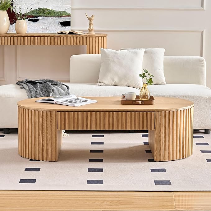 Oval Coffee Table, 51.18" Wood Coffee Table with Drawer, Fluted Design, for Living Room, Small Spaces, No Assembly Required (Oak)