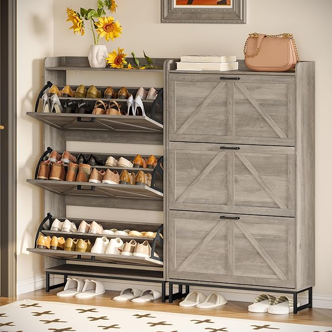 Wodeer Shoe Cabinet Storage for Entryway, Shoe Storage Cabinet with 3 Flip Drawers, Freestanding Narrow Shoe Rack Organizer with Metal Legs & Side Hook for Foyer, Hallway, Grey
