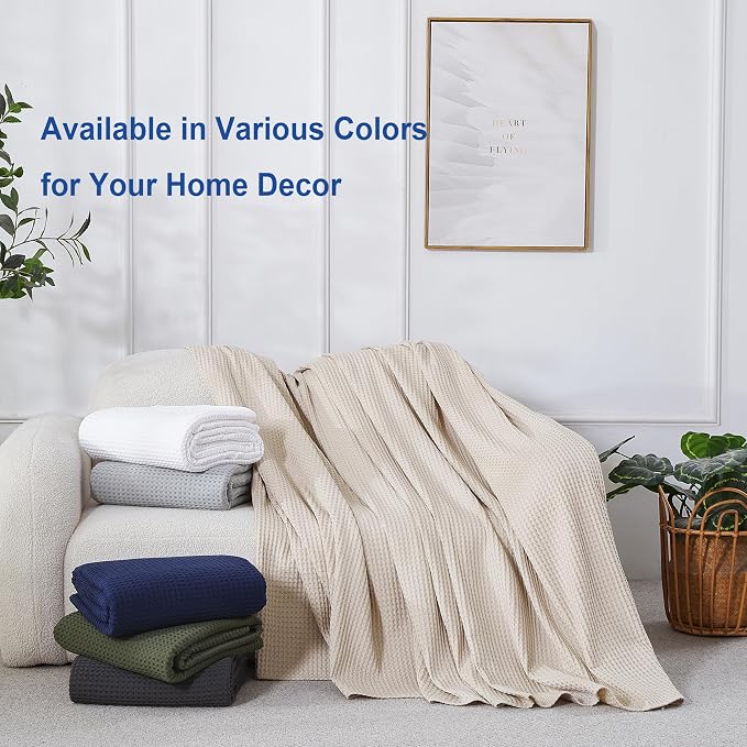 100% Egyptian Cotton Waffle Weave Blanket Twin Size for Bed, 320 GSM - Breathable and Soft for Spring Summer, Lightweight All Season Bed Blanket for Couch, Sofa (66x90 Inches, Light Khaki)