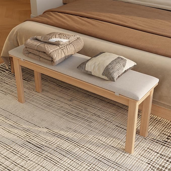 CycleCrew 47.2" Solid Wood Dining Bench with Removable Cushion - Mid-Century Modern Entryway Bench, Extra Height Upholstered Bench for Dining Table, End of Bed, Living Room