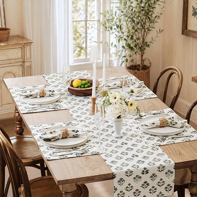 100% Cotton Block Print Floral Table Runners, 13x72 Inch Latte Farmhouse Table Runners 72 Inches Long Boho Flowers Home Decors