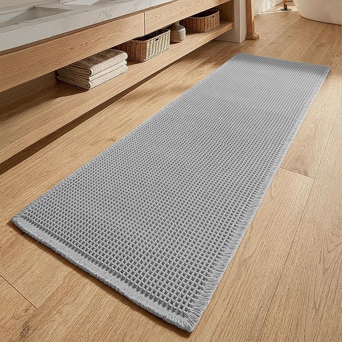 MIULEE Waffle Bathroom Runner Rugs, Super Absorbent Non Slip Bath Rug, Upgraded Soft Quick Dry Washable Boho Long Bath Mat with Tassels for Hallway Laundry Room Bedroom, 2'x6' (24"x72"), Light Grey