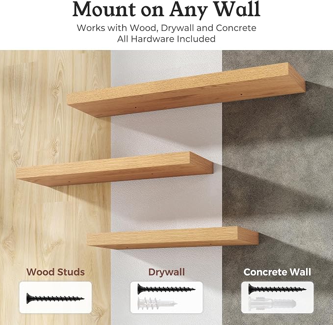 Floating Shelves for Wall, 9.3" Deep Wall Mounted Wood Shelves for Bathroom, Bedroom, Living Room, Kitchen, Hanging Shelf for Books/Storage/Room Decor (Oak, 55")