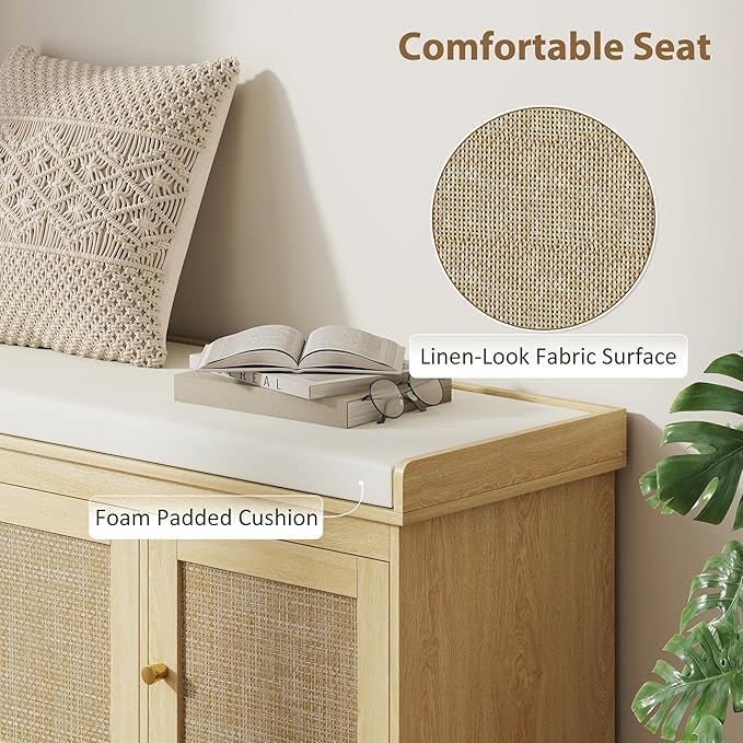 HOMCOM Shoe Bench with Woven Rattan Doors, Shoe Storage Bench with Cushion, Adjustable Shelves for 9 Pairs, Boho Style Entryway Bench for Bedroom, Living Room, 13.8 x 41.3 x 18.5 Inches, Oak Tone