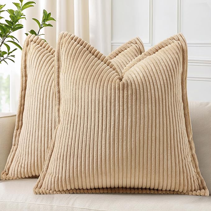 decorUhome Summer Corduroy Light Brown Euro Sham Throw Pillow Covers 26x26 Set of 2 Decorative Soft Boho Farmhouse Couch Pillow Covers for Living Room Bed Sofa Broadside Striped Pillow Cases