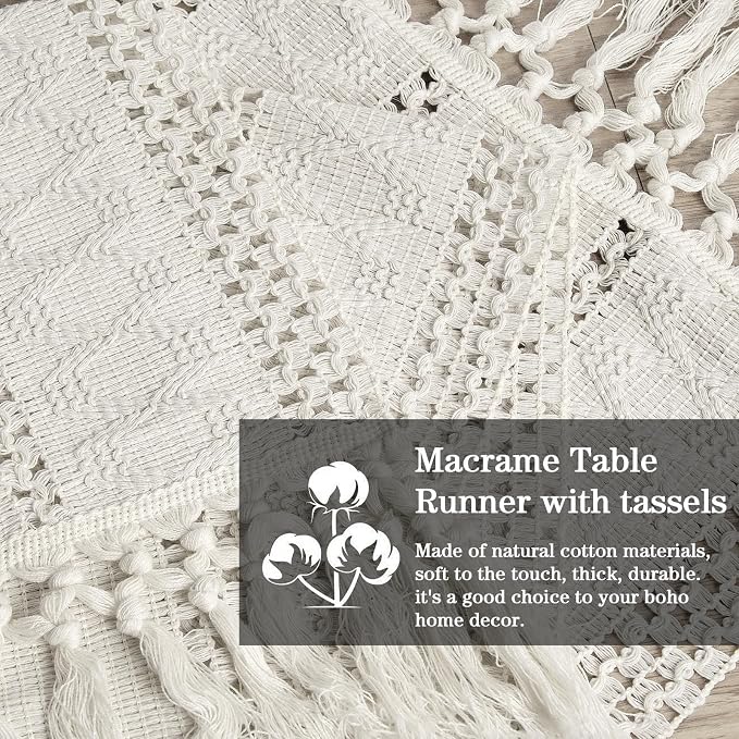 yuboo Beige Table Runner 72 Inches, Boho Dresser Runners for Bedrrom, Spring Macrame Coffee Table Runner for Dining Room,TV Stand, Console Table, Wedding, Neutral Home Table Decor
