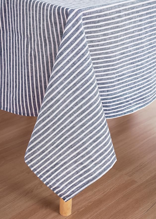 100% French Flax Linen Tablecloths Rectangle 132Lx60W Inch for Dinners, Parties, Easter, Halloween, Camping, Stone Washed, Textured, Machine Washable, 12-14 Sets (60''x132'', Blue Stripe)