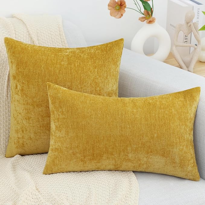 decorUhome Chenille Mineral Yellow Throw Pillow Covers 12x20 Inch Set of 2, Decorative Soft Couch Pillow Covers Solid Dyed Accent Farmhouse Neutral Rectangle Pillow Cases for Sofa
