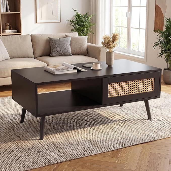 IDEALHOUSE Rattan Coffee Table with Storage, Farmhouse Boho Center Sofa Table with Sliding Door and Open Shelf for Living Room, Bedroom