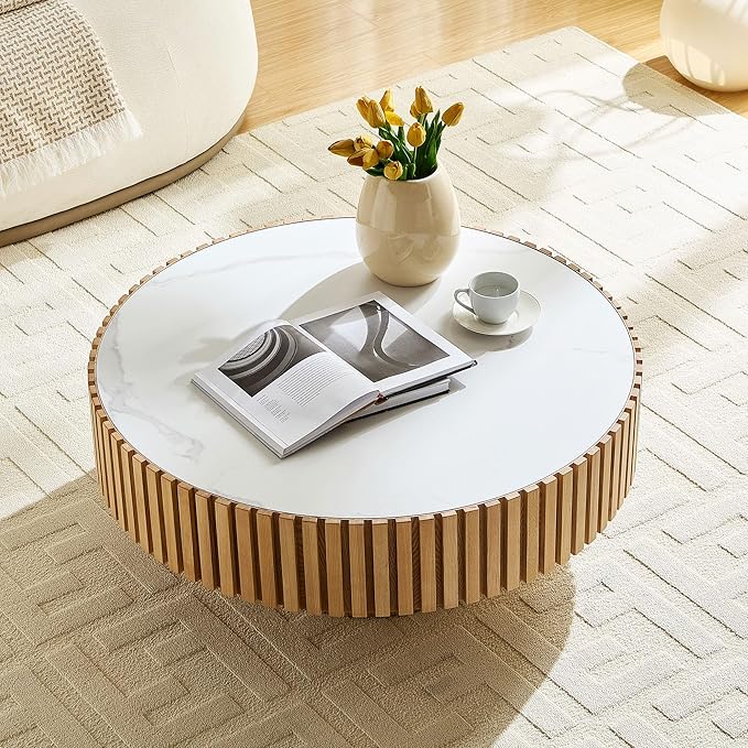 Round Coffee Table, 35.43" Circle Sintered Stone Tabletop, Modern Wood Fluted Coffee Table for Living Room Apartment, Easy Assembly (Oak)
