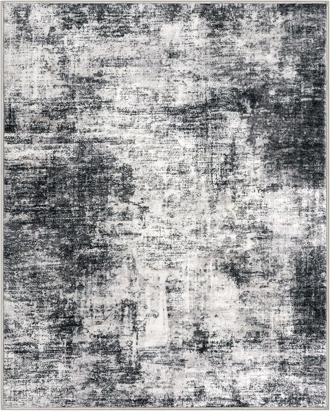 IOHOUZE Abstract Area Rug 4x5 Ft Washable Rugs for Entryway Indoor, Non Slip Small Living Room Rugs Printed Faux Wool Throw Rug, Floor Carpet for Kitchen Nursery Playroom, Black Grey