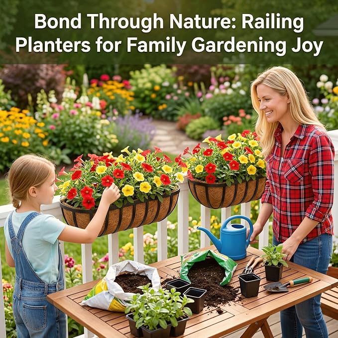24" Railing Planter with Adjustable Brackets, Window Box with Coco Liner, Hanging Flower Metal Box for Indoor Outdoor, Balcony Deck Fence Porch Patio, Black, Set of 2