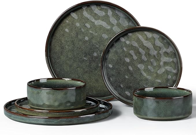 LIANYU Stoneware Dinnerware Set, 6 Piece Plates and Bowls Sets for 2, Ceramic Dish Set Includes Dinner Salad Plates, Cereal Bowls, Microwave & Dishwasher Safe, Moss Green
