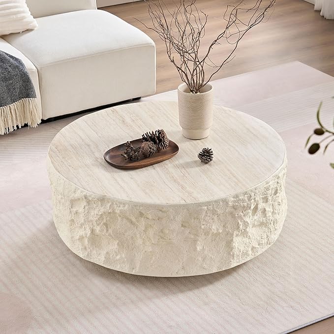 Round Coffee Table for Living Room Circle Coffee Table Modern Drum Center Table for Apartment, No Need Assembly (Fiberglass 35.43'' Cement Stone Pattern) | for Living Room, Modern, for Apartment, No Need Assembly