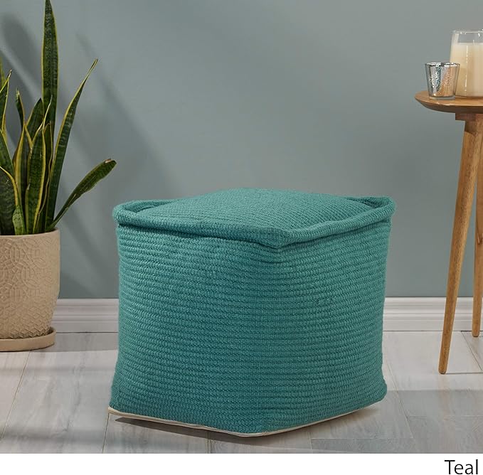 Great Deal Furniture Noble House Cadence Boho Yarn Pouf in Teal