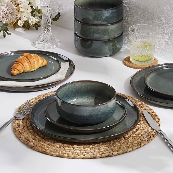 Herogo 6 Pieces Stoneware Dinnerware Set Service for 2, Dinner Plates and Bowls Sets, Double Reactive Glaze Dishes Set for Kitchen, Scratch Resistant, Microwave & Dishwasher Safe, Moss Green