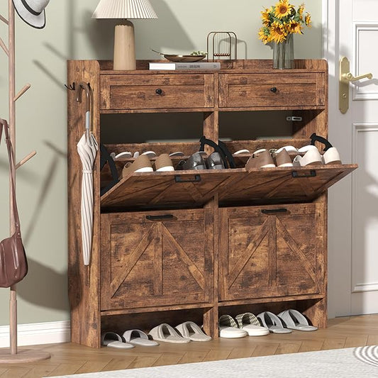 Thacuok Shoe Cabinet with 4 Flip Drawers & 2 Storage Drawers, Rustic Farmhouse Narrow Shoe Organizer Cabinet, Slim Shoe Rack Cabinet, Shoe Storage Cabinet for Entryway, Hallway, Front Door