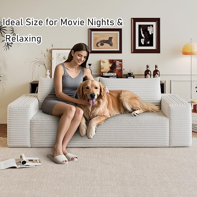 63" Boneless Couches for Living Room,Corduroy Loveseat Sofa for Small Spaces & Bedroom & Apartment,Compressed Sofa No Assembly Required,White