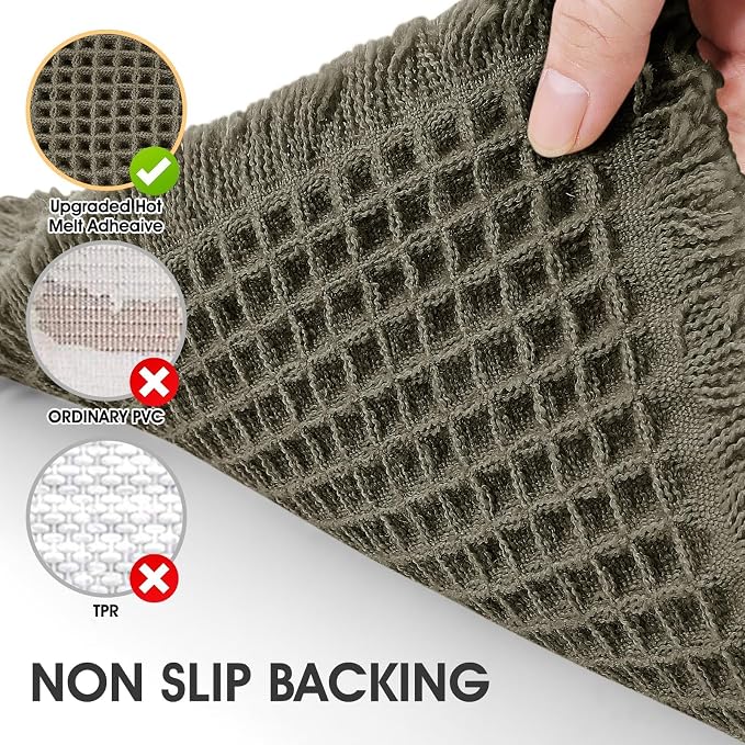 Upgrade Waffle Bath Mat Set 3 Piece, Greyish Green, Boho Bathroom Rugs Absorbent Non Slip, Ultra Soft Bathroom Mat, Machine Washable Knit Bath Rugs with Border for Bathroom, Kitchen, Shower, Tub