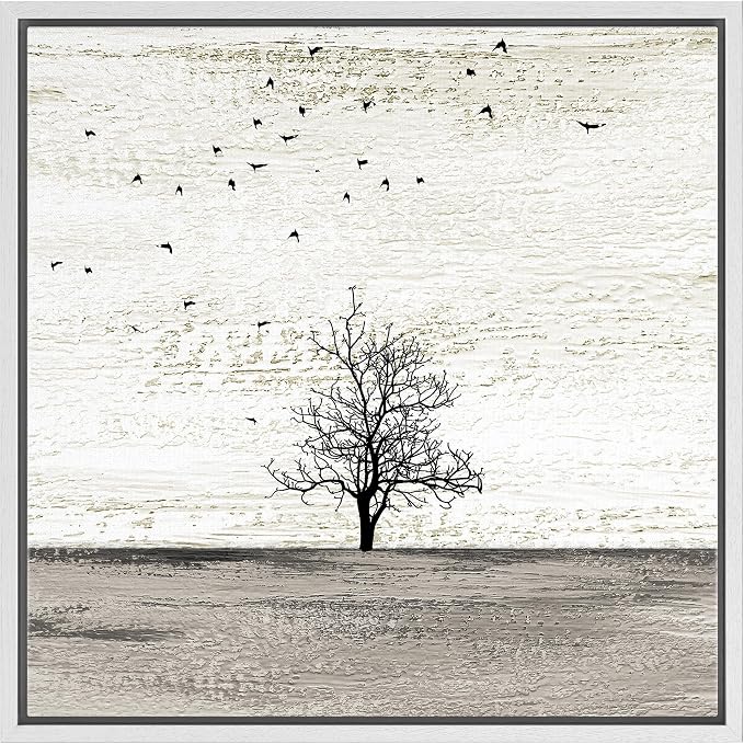 SIGNFORD Framed Canvas Print Wall Art Birds Fly Over Gray Field with Tree Animals Wildlife Illustrations Modern Art Rustic Scenic Relax/Calm Cool for Living Room, Bedroom, Office - 16"x16" White