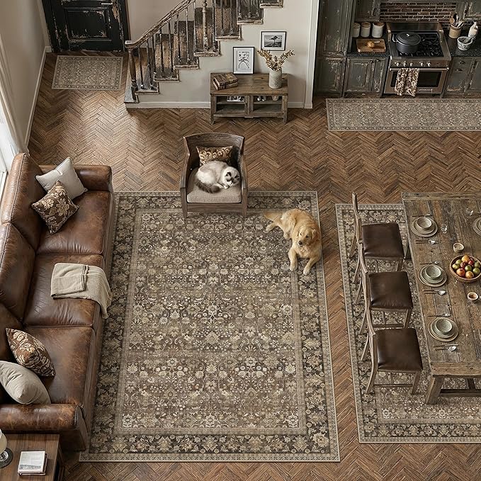 HUGEAR 2x10 Runner Rug Machine Washable Brown Hallway Area Rug Indoor Accent Rug Floral Low Pile Carpet Soft Throw Rug Bedroom Living Room Office Dining Room Kitchen Laundry Room Non Slip