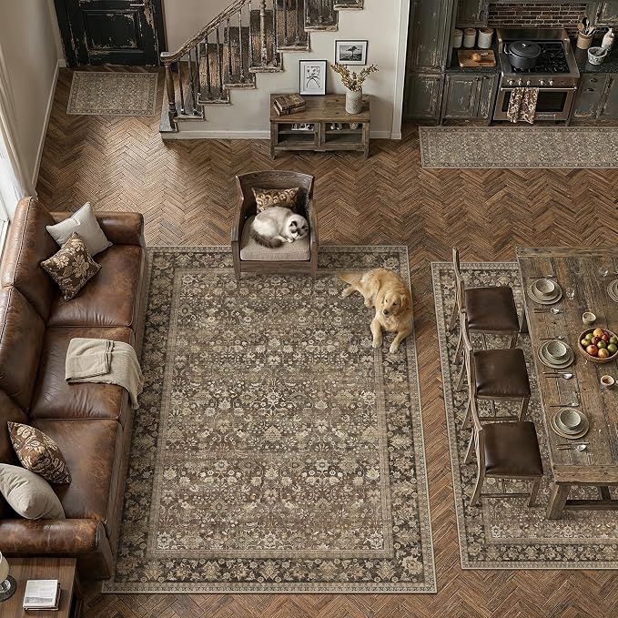 HUGEAR 2'6''x12 Runner Rug Machine Washable Brown Hallway Area Rug Indoor Accent Rug Floral Low Pile Carpet Soft Throw Rug Bedroom Living Room Office Dining Room Kitchen Laundry Room Non Slip