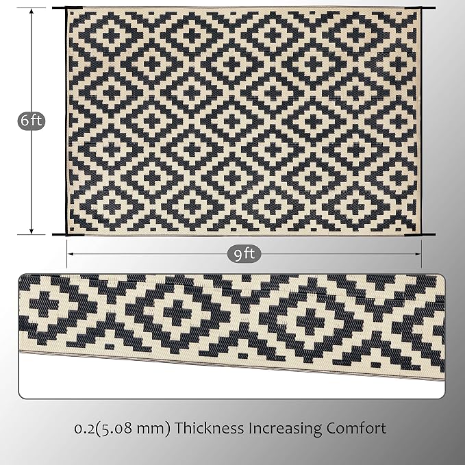 SAND MINE Reversible Mats, Plastic Straw Rug, Modern Area Rug, Large Floor Mat and Rug for Outdoors, RV, Patio, Backyard, Deck, Picnic, Beach, Trailer, Camping, Black & Beige, 6' x 9'