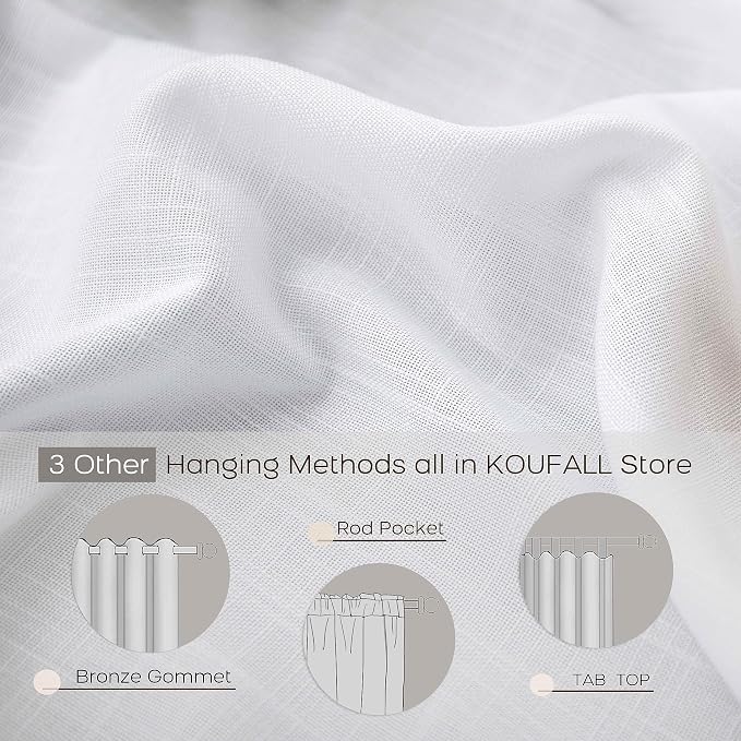 KOUFALL White Linen Curtains 132 Inches Long for Living Room Extra Long 2 Panels Set Boho Farmhouse High End Semi Sheer Light Filtering Large Window Curtain Drapes for Family Room,132 in Length,11 FT