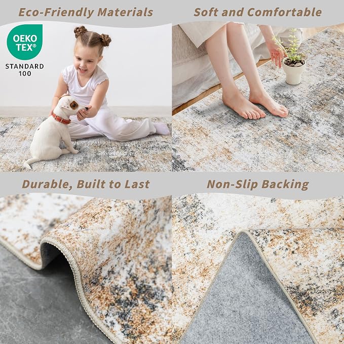 3x10 ft Long Hallway Runner Rug – Non-Slip Washable Kitchen Floor Rug with Rubber Backing, Modern Low Pile Thin Wide Carpet Runners for Bedroom, Entryway Indoor (Gold Grey,3x10)