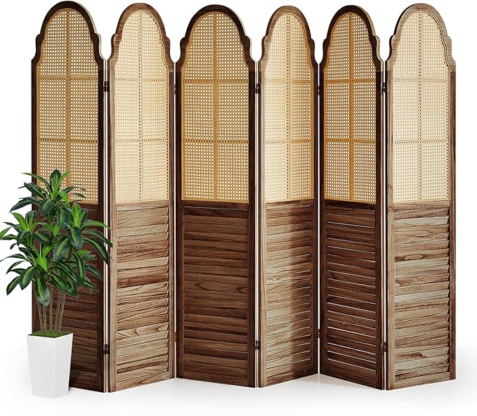 Wood Room Divider 6 Panel, Folding Privacy Screen, Rattan Room Divider Wall, Foldable Wood Divider Panel, Separate Portable Partition Screen Divider for Room Separation Bedroom Garden (Brown)