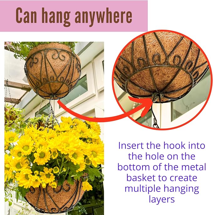 LaLaGreen Hanging Baskets for Plant Outdoor (20 Inch, 2 Pack) Large Black Metal Wire Round Flower Pot Hanging Planter with Coco Liner Holder Hanger Easy Install Modern Garden Balcony Country Decor