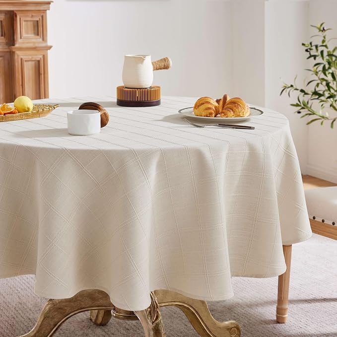 ZeeMart Linen Checked Table Cloth 52 Inches Round, Farmhouse Style Plaid Embroidered Water Resistant Table Cover, Beige
