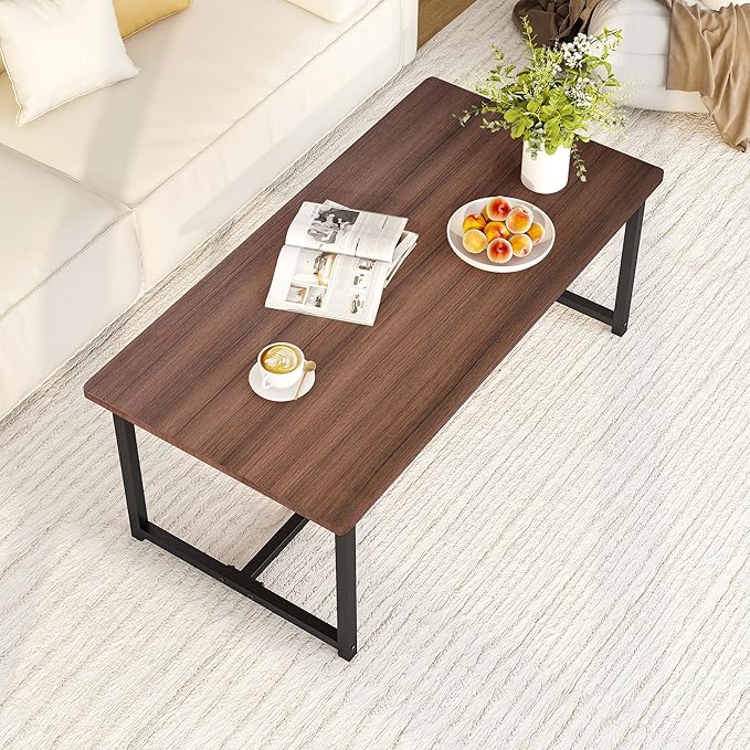 Walnut Coffee Tables Rectangular Center Table for Living Room Open Space Side Table with Metal Frame,Mid Century Modern Design,Easy Assembly,Wood Coffee Table