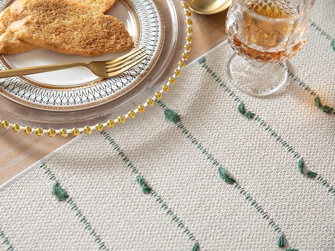 Caflife Boho Table Runner 108 Inchs Long for Modern Farmhouse Room Home Decor, Green and Beige Coffee Table Runner, Natural Cotton Woven with Tassels Neutral, for Kitchen Dining Table Decor