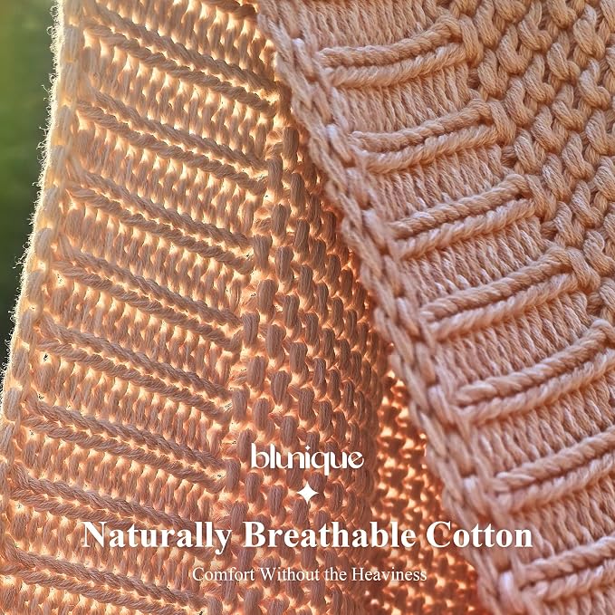 100% Cotton Cable Knit Throw Blanket, Large Lightweight Soft Knit Blanket for Sofa Couch Bed, Breathable All-Season Throw, Cozy Decorative Blanket, 60 x 80 Inch,Pink