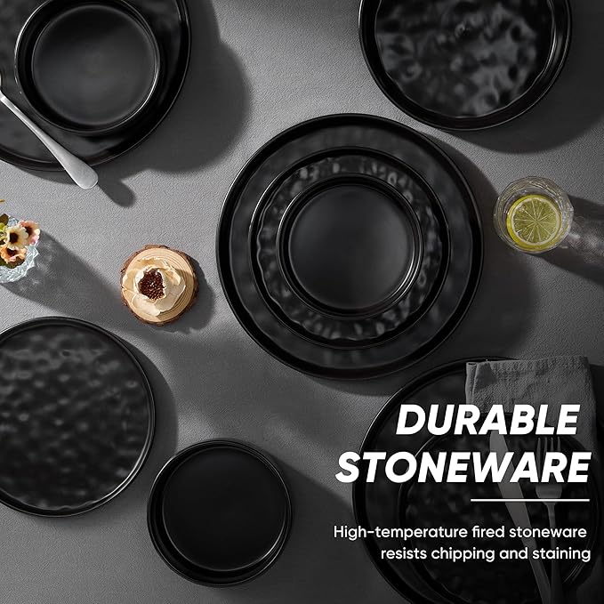 E-far 8-Piece Black Plates and Bowls Sets with Pasta Bowls - Stoneware Dinnerware Set for 2, Modern Ribbed Matte Black Kitchen Dishes, Microwave & Dishwasher Safe