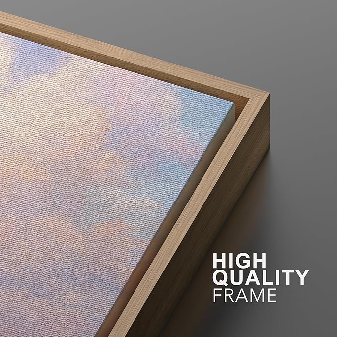 MUDECOR Framed Canvas Print Wall Art Serene Ocean Horizon with Soft Pink Clouds Illustrations Minimalism Decorative Bohemian Zen for Living Room, Bedroom, Office - 24"x36" NATURAL